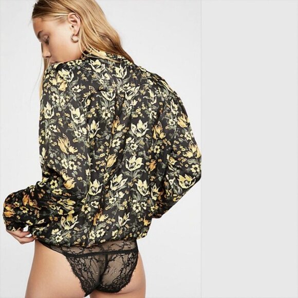 Free People Bodysuit Womens S Black Yellow Floral Intimately Elsa Wrap Plunging - Picture 5 of 16